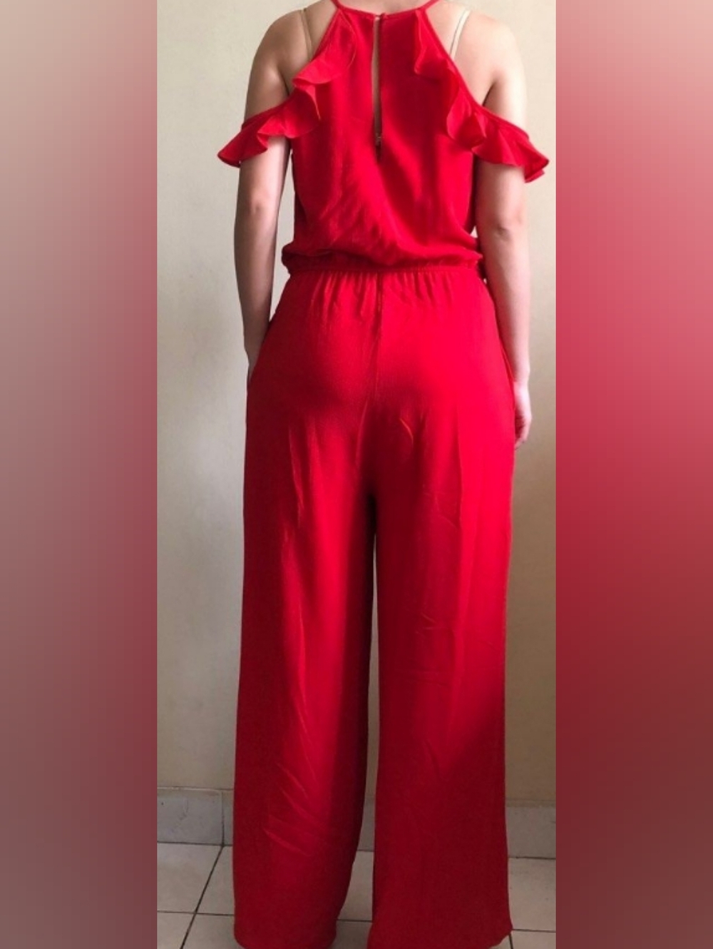 Lane Bryant Coral Wide-Leg Ruffle Front Accent Cold Shoulder Jumpsuit Size 22 - Picture 3 of 11